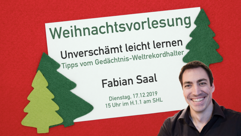 Invite showing Fabian Saal in front of Christmas trees