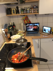 The picture shows a kitchen during the cooking session as part of the Tool Supported Distance Learning module.