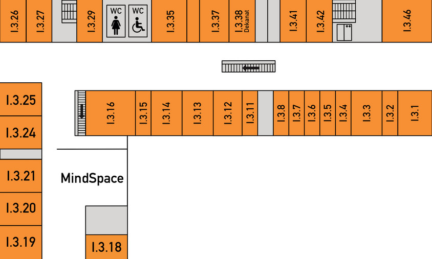 Die Räume haben links beginnend ansteigende Nummern, beginnend mit I.3.1 und enden mit I.3.46. Eine eine Damen- und eine Behinderten-Toilette befindet sich zwischen den Räumen I.3.29 und I.3.35.