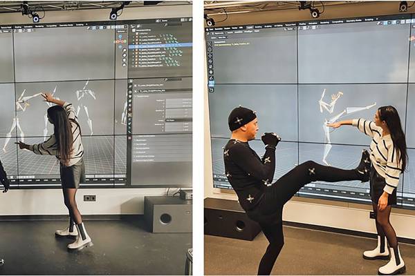 Leonie Laskowitz und zwei Athleten, deren Bewegungsabläufe mithilfe Motion Capture und einer Visualisierungssoftware verbessert werden (Foto A. Reißing)